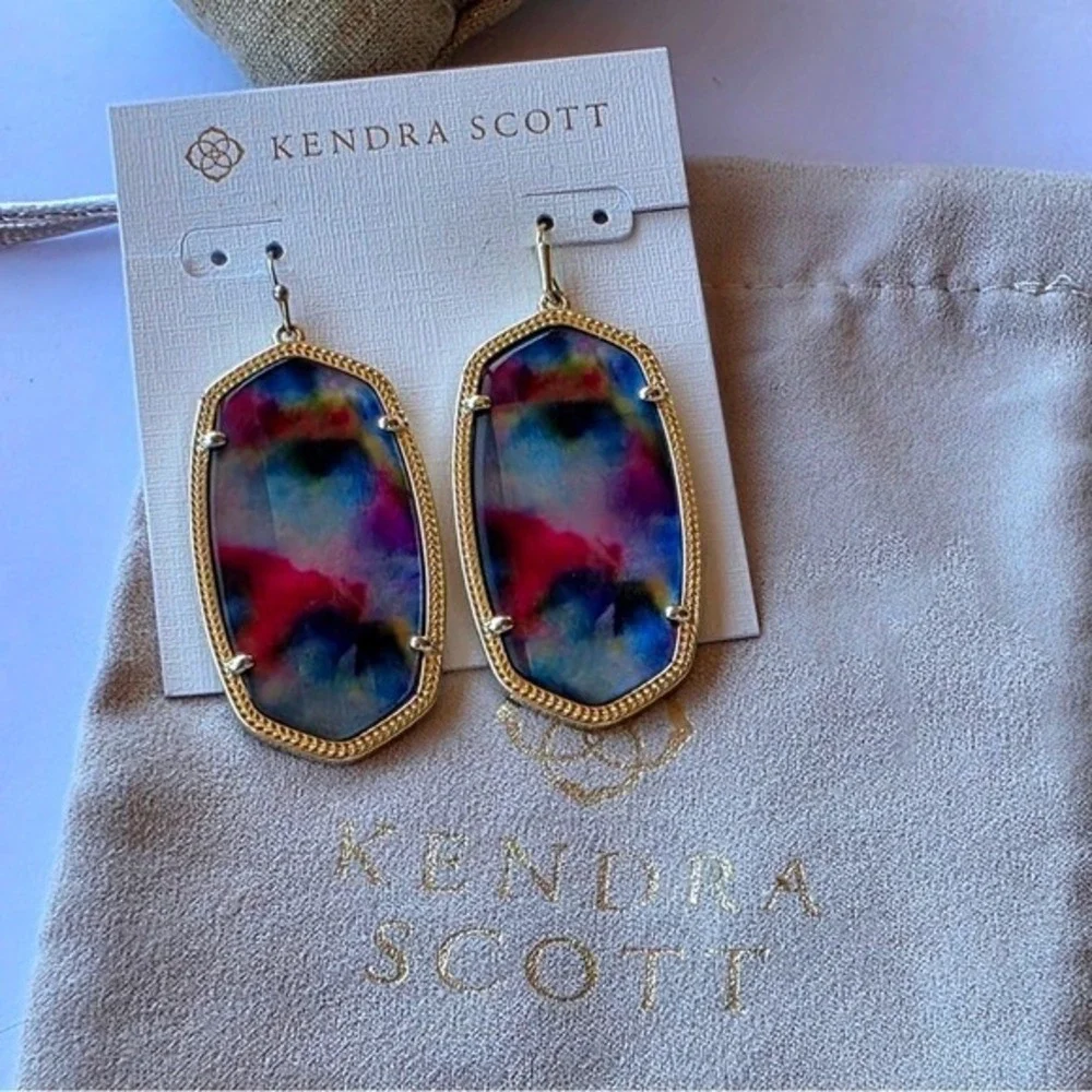 Kendra Scott Danielle‎ Gold Drop Earrings in Teal Tie Dye Illusion